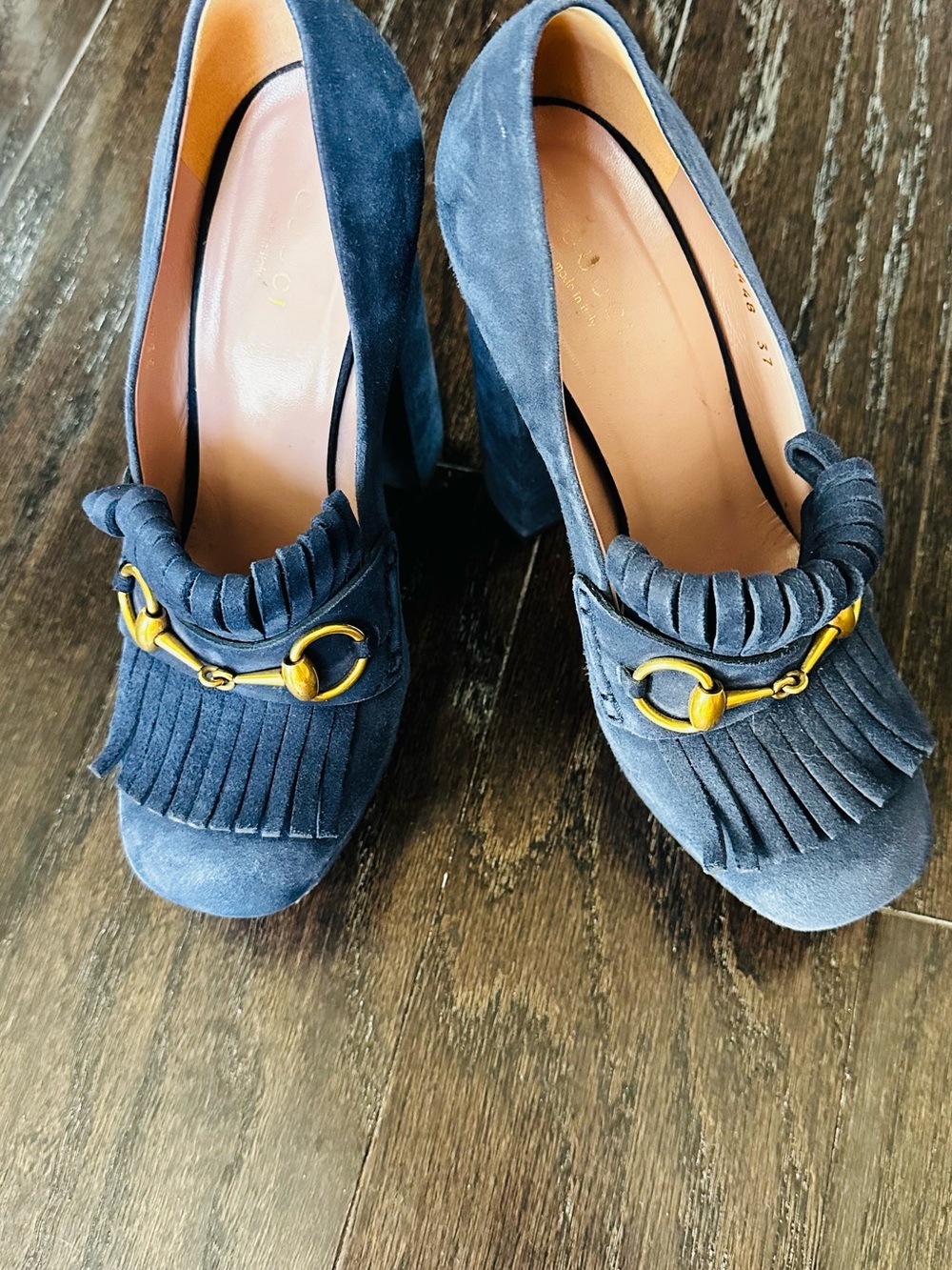 Gucci Navy Suede Fringe Block Heel Pumps with Gold Horsebit